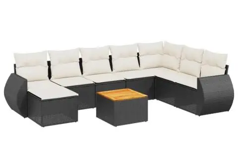 Set mobilier de grădină cu perne, 9 piese, negru, poliratan - 2/3