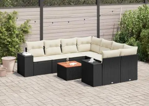 Set mobilier de grădină cu perne, 9 piese, negru, poliratan - 1/3