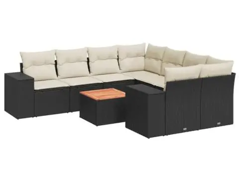 Set mobilier de grădină cu perne, 9 piese, negru, poliratan - 2/3