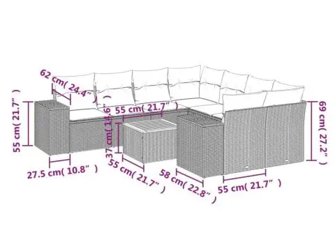 Set mobilier de grădină cu perne, 9 piese, negru, poliratan - 3/3