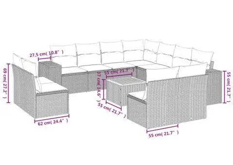 Set mobilier de grădină cu perne, 12 piese, gri, poliratan - 3/3