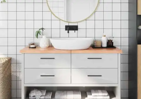 Blat de baie, maro deschis, 140x30x(2-4) cm, lemn masiv tratat - 1/5