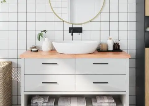 Blat de baie, maro deschis, 140x60x(2-4) cm, lemn masiv tratat - 1/5