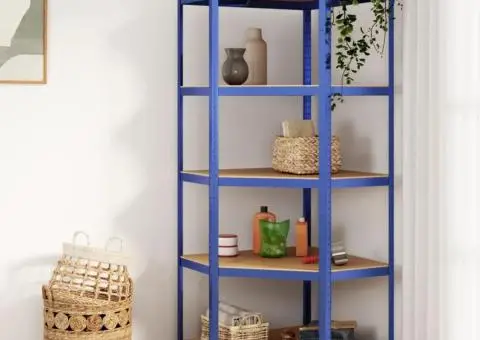 Raft de colț cu 5 niveluri, albastru, oțel și lemn prelucrat - 1/5