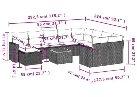 Set canapele de grădină cu perne, 11 piese, negru, poliratan - 3/3