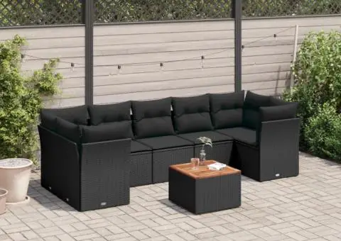 Set mobilier de grădină cu perne, 8 piese, negru, poliratan - 1/3