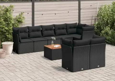 Set mobilier de grădină cu perne, 9 piese, negru, poliratan - 1/3