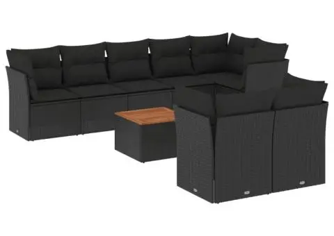 Set mobilier de grădină cu perne, 9 piese, negru, poliratan - 2/3
