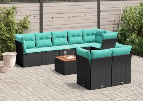 Set mobilier de grădină cu perne, 9 piese, negru, poliratan - 1/3