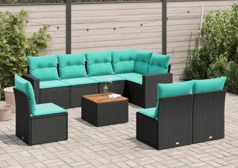 Set canapele de grădină cu perne, 9 piese, negru, poliratan - 1/3