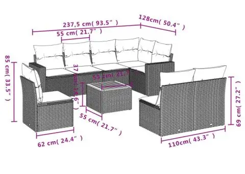 Set canapele de grădină cu perne, 9 piese, negru, poliratan - 3/3