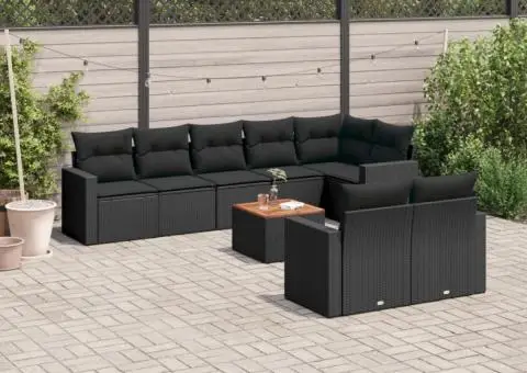 Set mobilier de grădină cu perne, 9 piese, negru, poliratan - 1/3