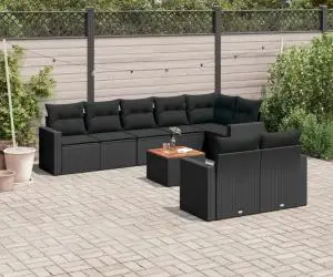 vidaXL Set mobilier de grădină cu perne, 9 piese, negru, poliratan