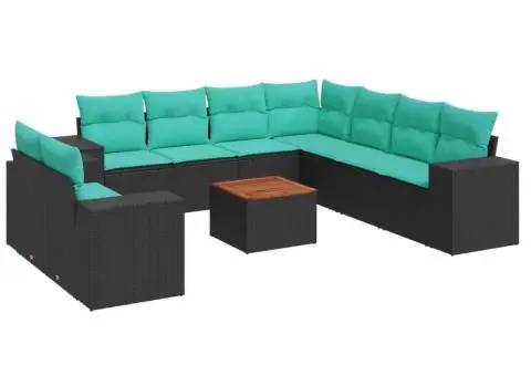 Set canapele de grădină cu perne, 10 piese, negru, poliratan - 2/3