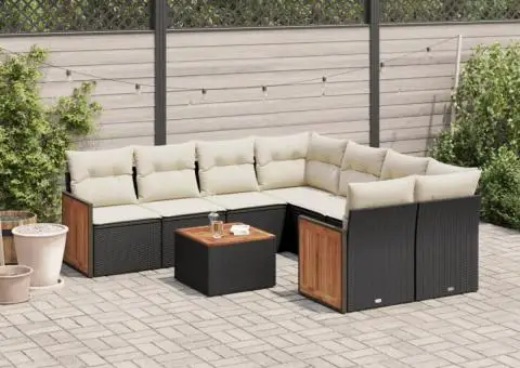 Set mobilier de grădină cu perne, 9 piese, negru, poliratan - 1/3
