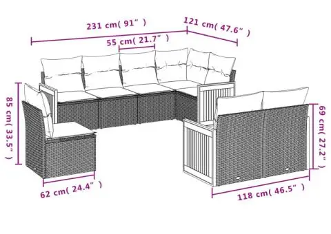 Set mobilier de grădină cu perne, 8 piese, negru, poliratan - 3/3