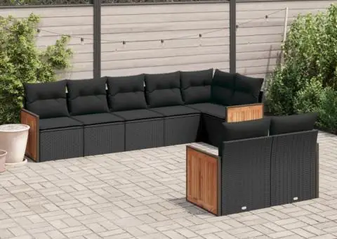 Set mobilier de grădină cu perne, 8 piese, negru, poliratan - 1/3