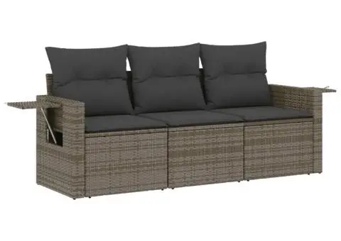 Set canapea de grădină cu perne, 3 piese, gri, poliratan - 2/3