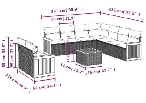 Set canapele de grădină cu perne, 10 piese, bej, poliratan - 3/3