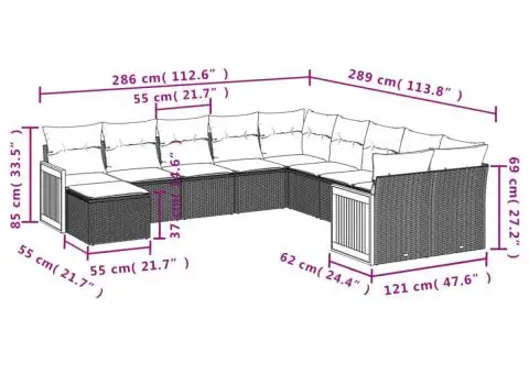 Set canapele de grădină cu perne, 11 piese, negru, poliratan - 3/3