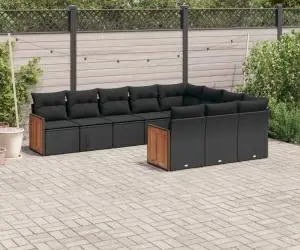 Set canapele de grădină cu perne, 10 piese, negru, poliratan