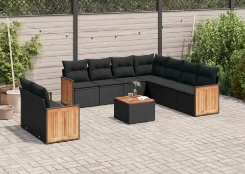 Set canapele de grădină cu perne, 10 piese, negru, poliratan - 1/3