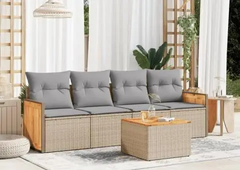 Set canapele de grădină cu perne, 5 piese, bej, poliratan - 1/3