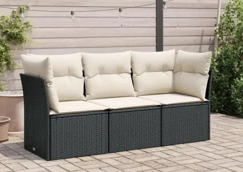 Set mobilier de grădină cu perne, 3 piese, negru, poliratan - 1/3