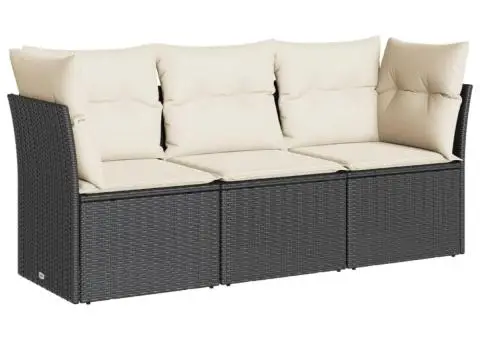 Set mobilier de grădină cu perne, 3 piese, negru, poliratan - 2/3