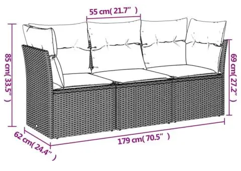 Set mobilier de grădină cu perne, 3 piese, negru, poliratan - 3/3