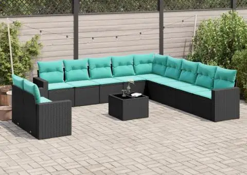Set mobilier de grădină cu perne, 12 piese, negru, poliratan - 1/3