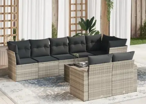 Set canapele de grădină cu perne, 9 piese gri deschis poliratan - 1/3