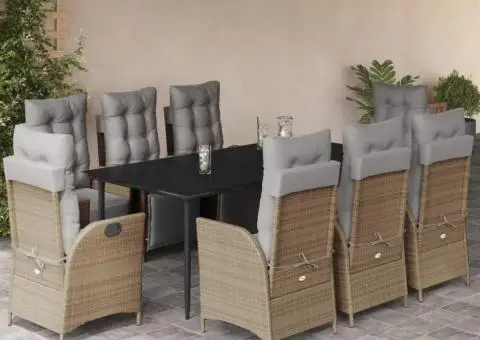 Set de masă pentru grădină, 9 piese, cu perne, bej, poliratan - 1/5