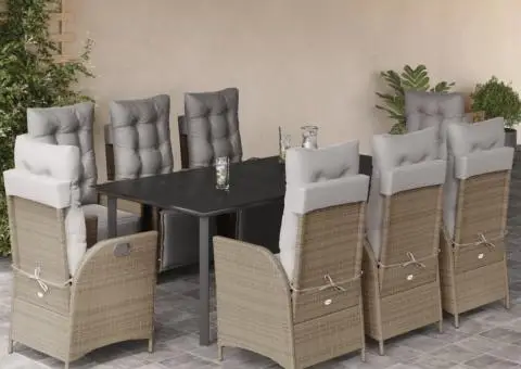 Set de masă pentru grădină, 9 piese, cu perne, bej, poliratan - 1/5