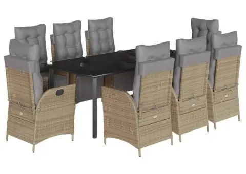 Set de masă pentru grădină, 9 piese, cu perne, bej, poliratan - 2/5