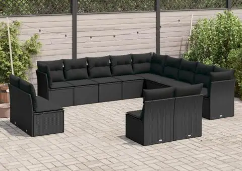 Set mobilier de grădină cu perne, 13 piese, negru, poliratan - 1/3