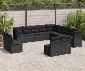 vidaXL Set mobilier de grădină cu perne, 13 piese, negru, poliratan