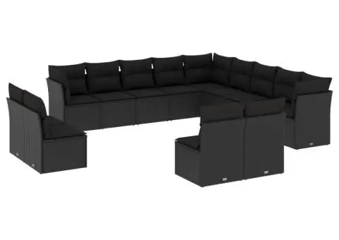 Set mobilier de grădină cu perne, 13 piese, negru, poliratan - 2/3