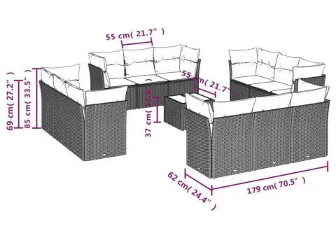 Set mobilier de grădină cu perne, 13 piese, negru, poliratan - 3/3