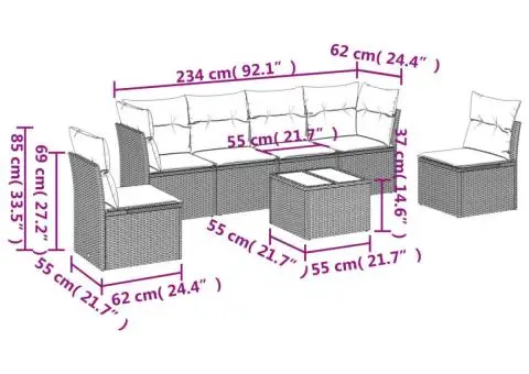 Set canapele de grădină cu perne, 7 piese, negru, poliratan - 3/3