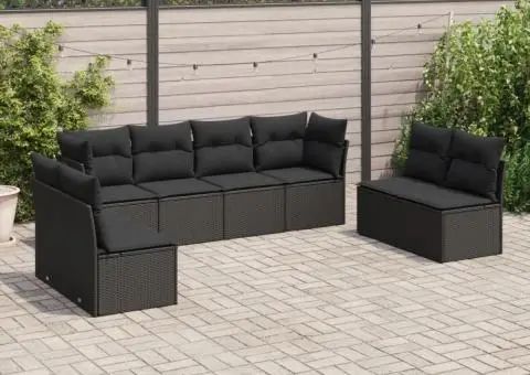 Set mobilier de grădină cu perne, 8 piese, negru, poliratan - 1/3