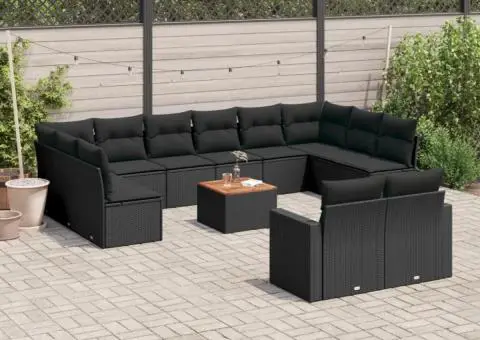 Set mobilier de grădină cu perne, 13 piese, negru, poliratan - 1/3