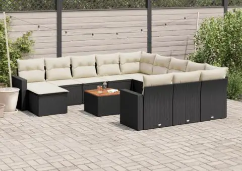 Set mobilier de grădină cu perne, 13 piese, negru, poliratan - 1/3