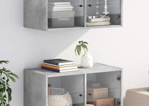 Dulapuri de perete cu uși sticlă 2 buc. gri beton 68,5x37x35 cm - 1/5