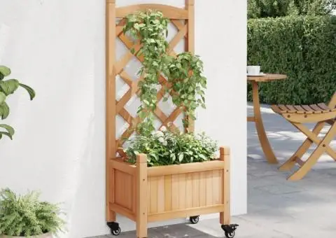 Jardinieră cu spalier și roți, maro, lemn masiv de brad - 3/5