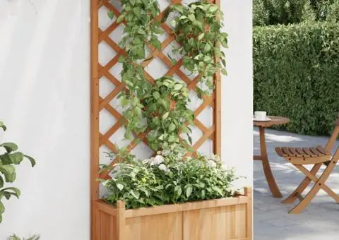 Jardinieră cu spalier și roți, maro, lemn masiv de brad - 1/5