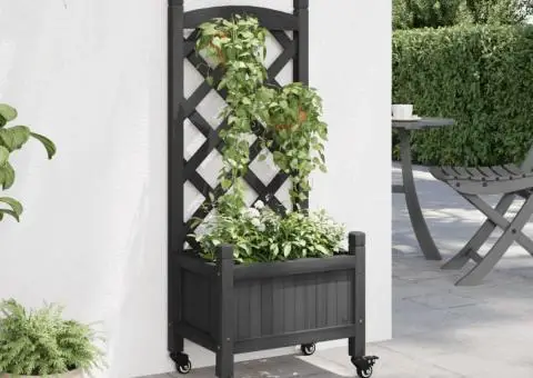 Jardinieră cu spalier și roți, negru, lemn masiv de brad - 3/5