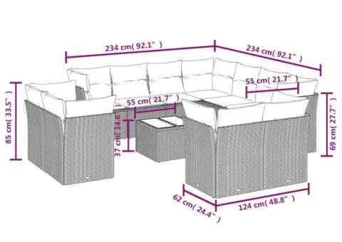 Set canapele de grădină cu perne, 12 piese, bej, poliratan - 3/3