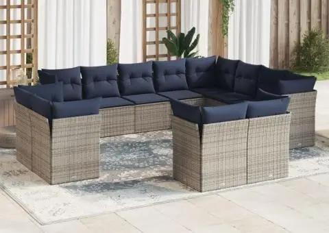 Set mobilier de grădină cu perne, 12 piese, gri, poliratan - 1/3