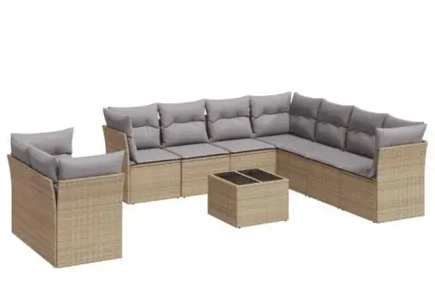 Set canapele de grădină cu perne, 10 piese, bej, poliratan - 2/3